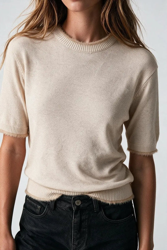 Beige Short Sleeve Crew Neck Sweater with Faux Fur Trim