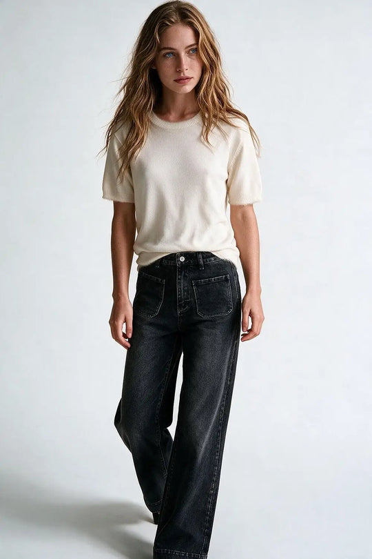 cream Short Sleeve Crew Neck Sweater with Faux Fur Trim
