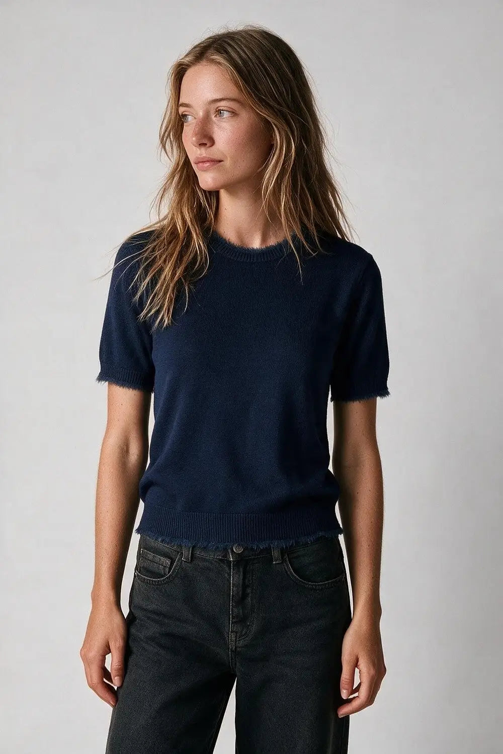 Navy Short Sleeve Crew Neck Sweater with Faux Fur Trim