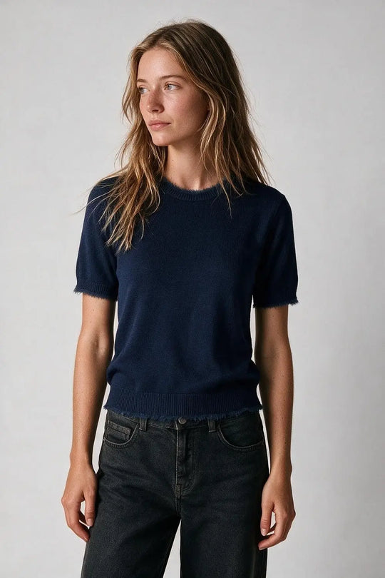 Navy Short Sleeve Crew Neck Sweater with Faux Fur Trim