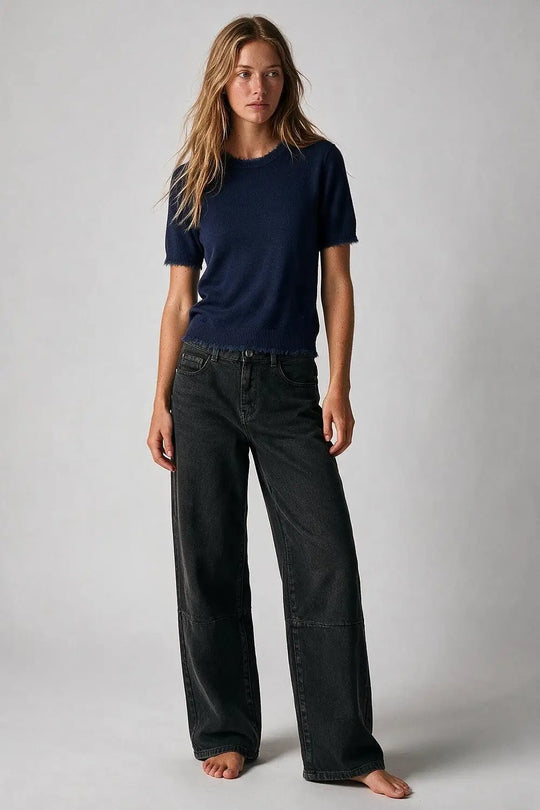 Navy Short Sleeve Crew Neck Sweater with Faux Fur Trim