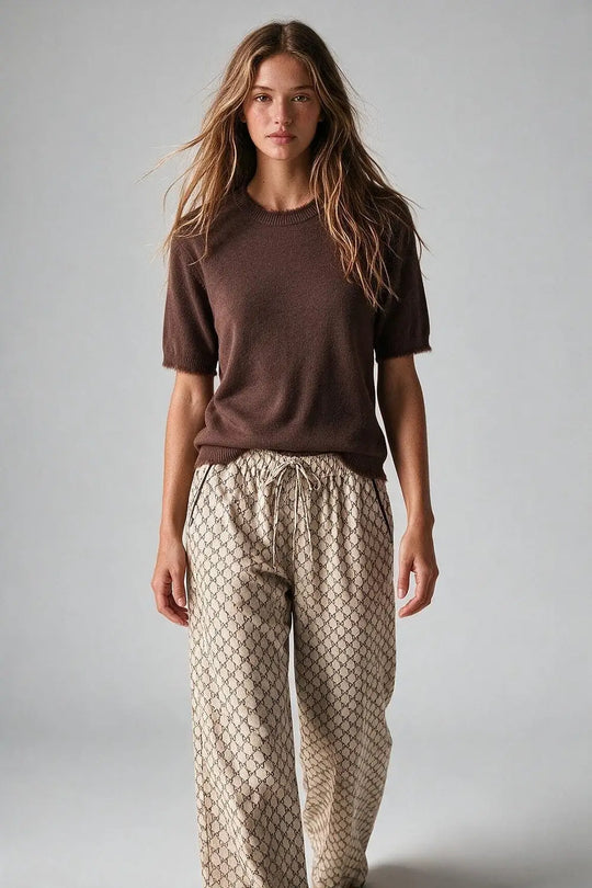 Brown Short Sleeve Crew Neck Sweater with Faux Fur Trim