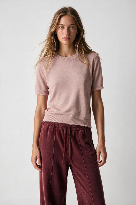 Dusty Pink Short Sleeve Crew Neck Sweater with Faux Fur Trim