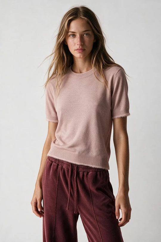 Dusty Pink Short Sleeve Crew Neck Sweater with Faux Fur Trim