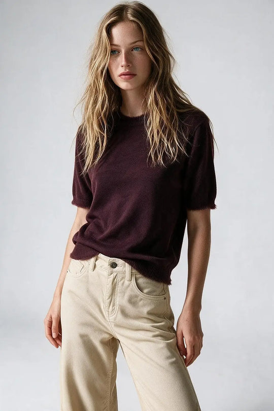 Purple Short Sleeve Crew Neck Sweater with Faux Fur Trim