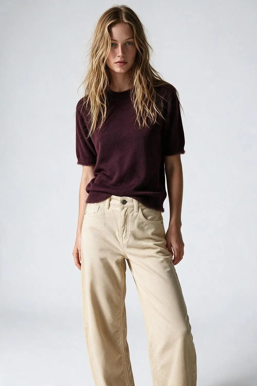 Purple Short Sleeve Crew Neck Sweater with Faux Fur Trim