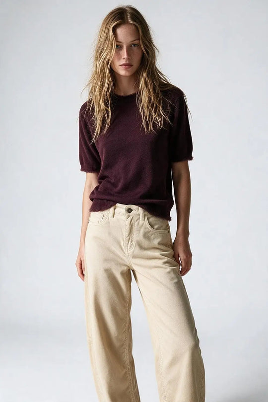 Purple Short Sleeve Crew Neck Sweater with Faux Fur Trim