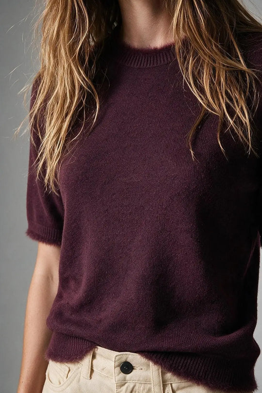 Purple Short Sleeve Crew Neck Sweater with Faux Fur Trim