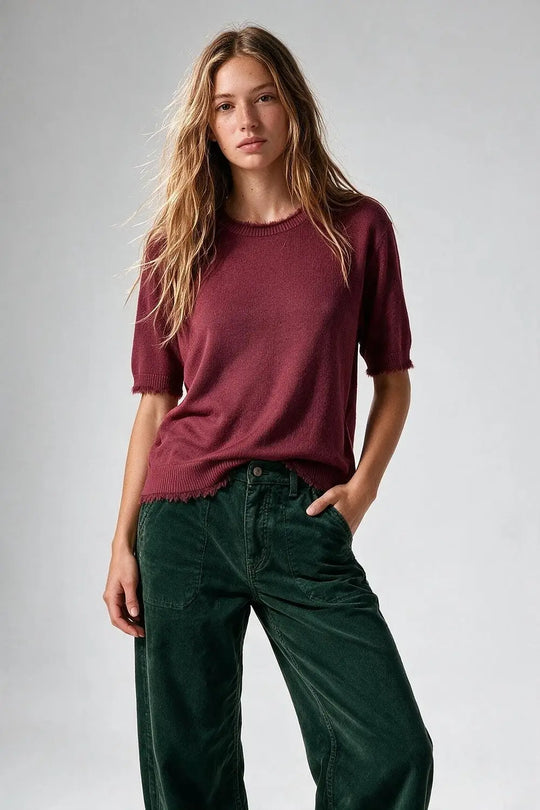 Burgundy Short Sleeve Crew Neck Sweater with Faux Fur Trim
