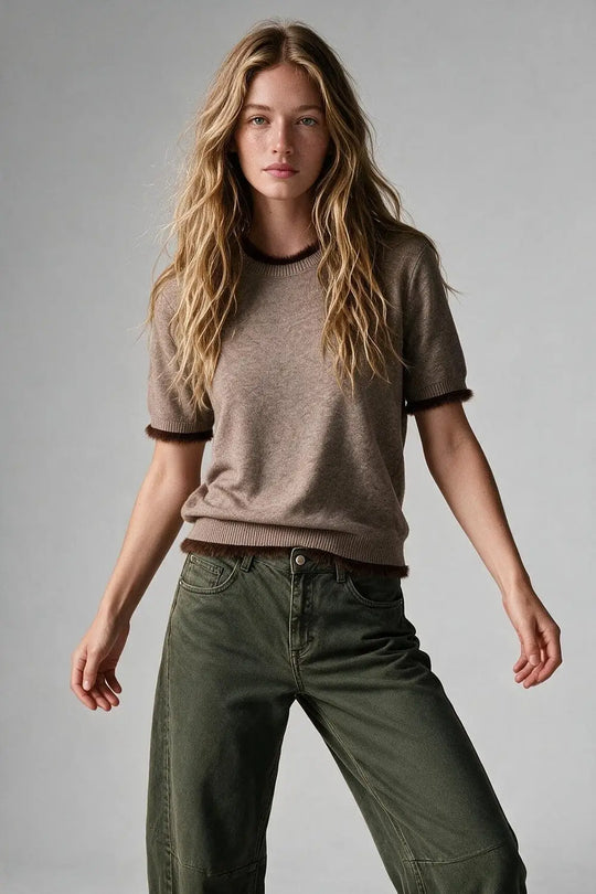 Camel Short Sleeve Crew Neck Sweater with Faux Fur Trim