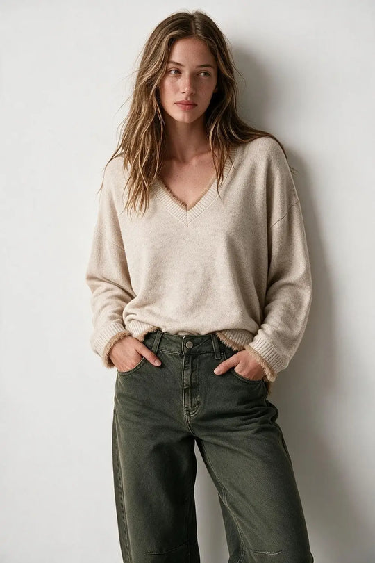 Beige V-Neck Sweater with Faux Fur Trim