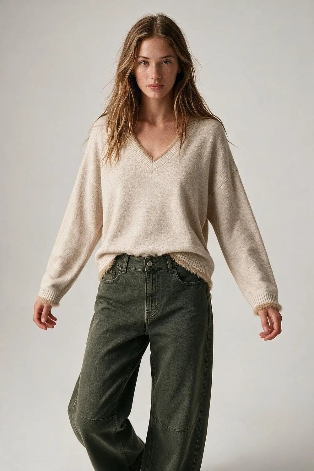 Beige V-Neck Sweater with Faux Fur Trim