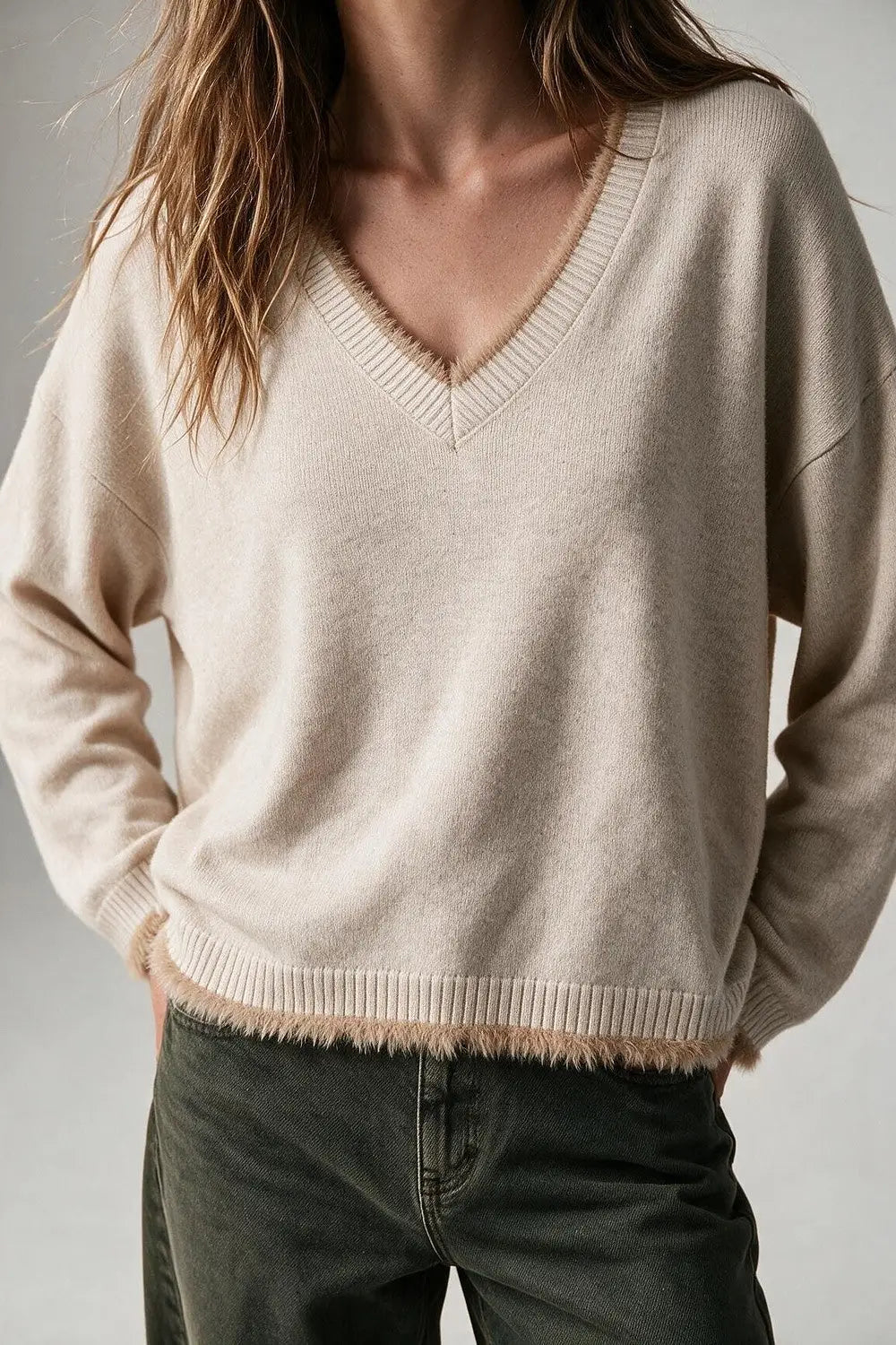 Beige V-Neck Sweater with Faux Fur Trim