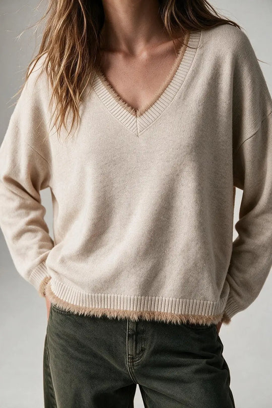 Beige V-Neck Sweater with Faux Fur Trim