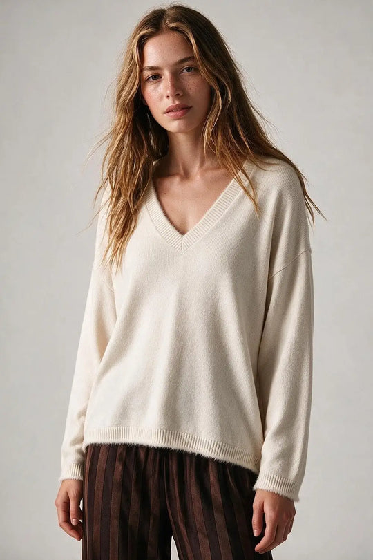 Cream V-Neck Sweater with Faux Fur Trim