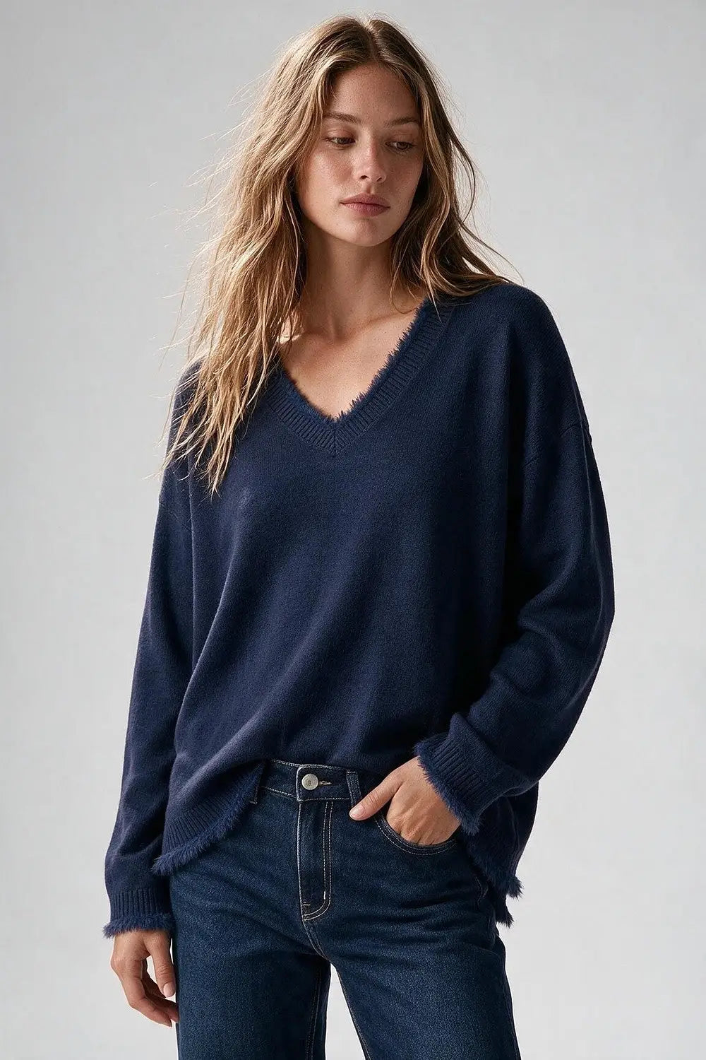 Navy V-Neck Sweater with Faux Fur Trim