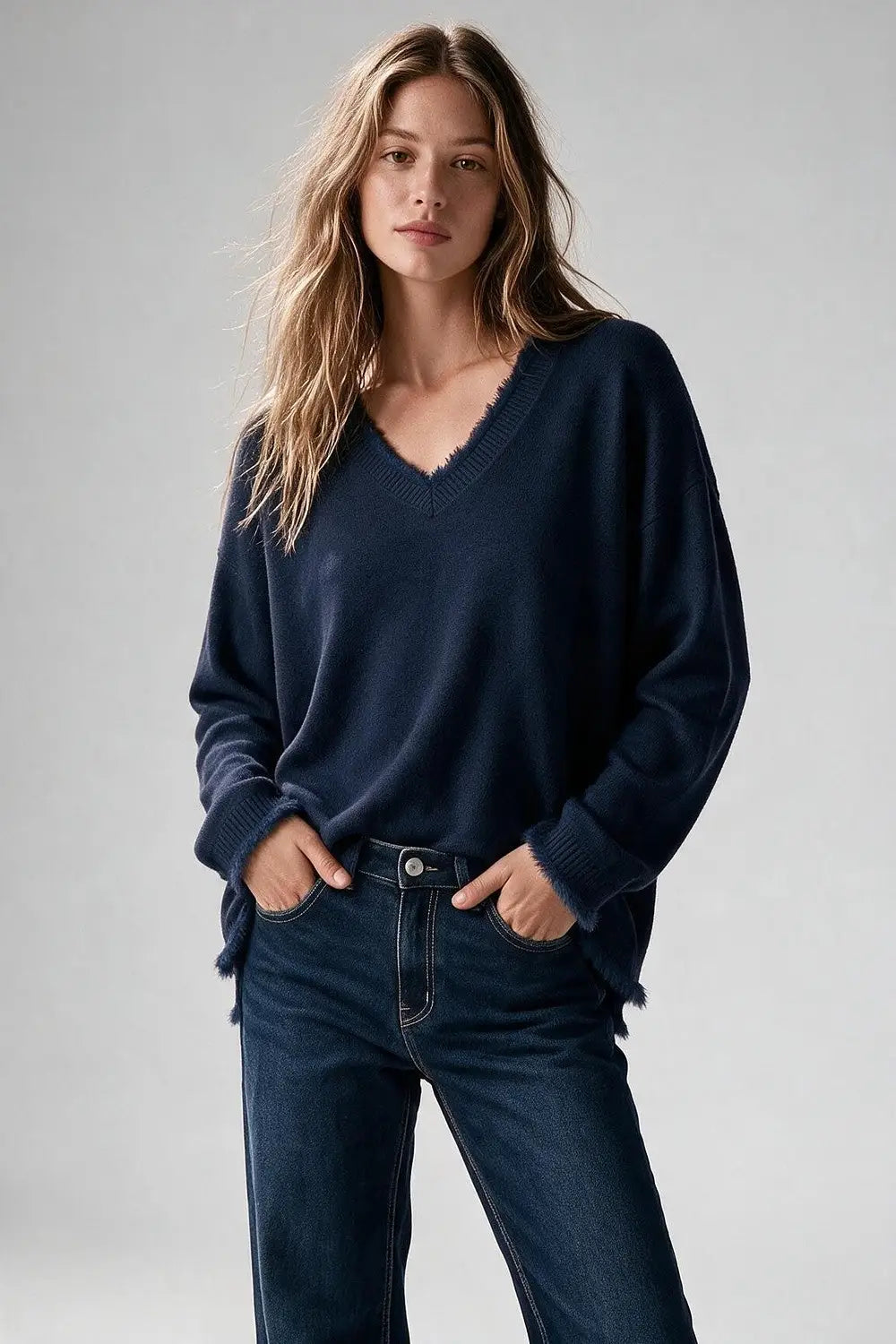 Navy V-Neck Sweater with Faux Fur Trim