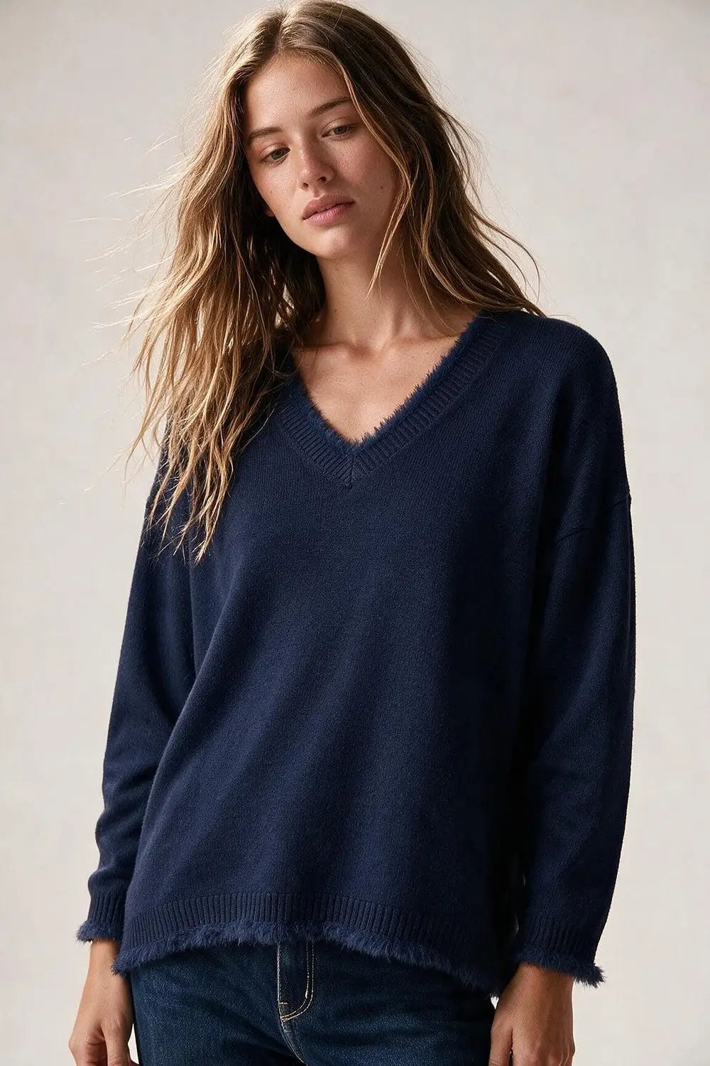 Navy V-Neck Sweater with Faux Fur Trim