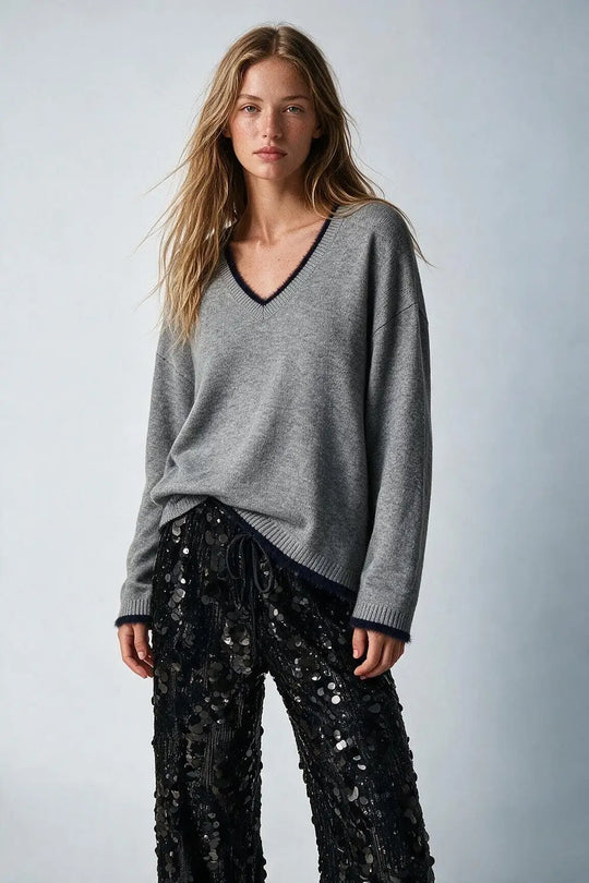 Gray V-Neck Sweater with Faux Fur Trim