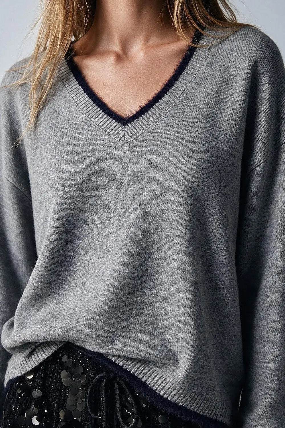 Gray V-Neck Sweater with Faux Fur Trim