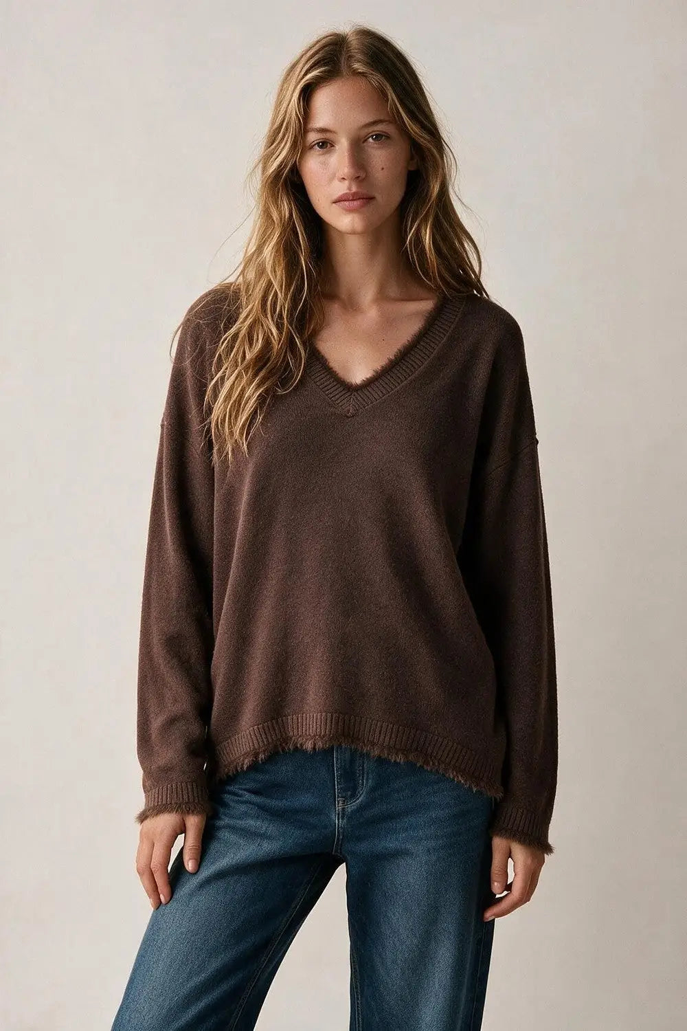 Brown V-Neck Sweater with Faux Fur Trim