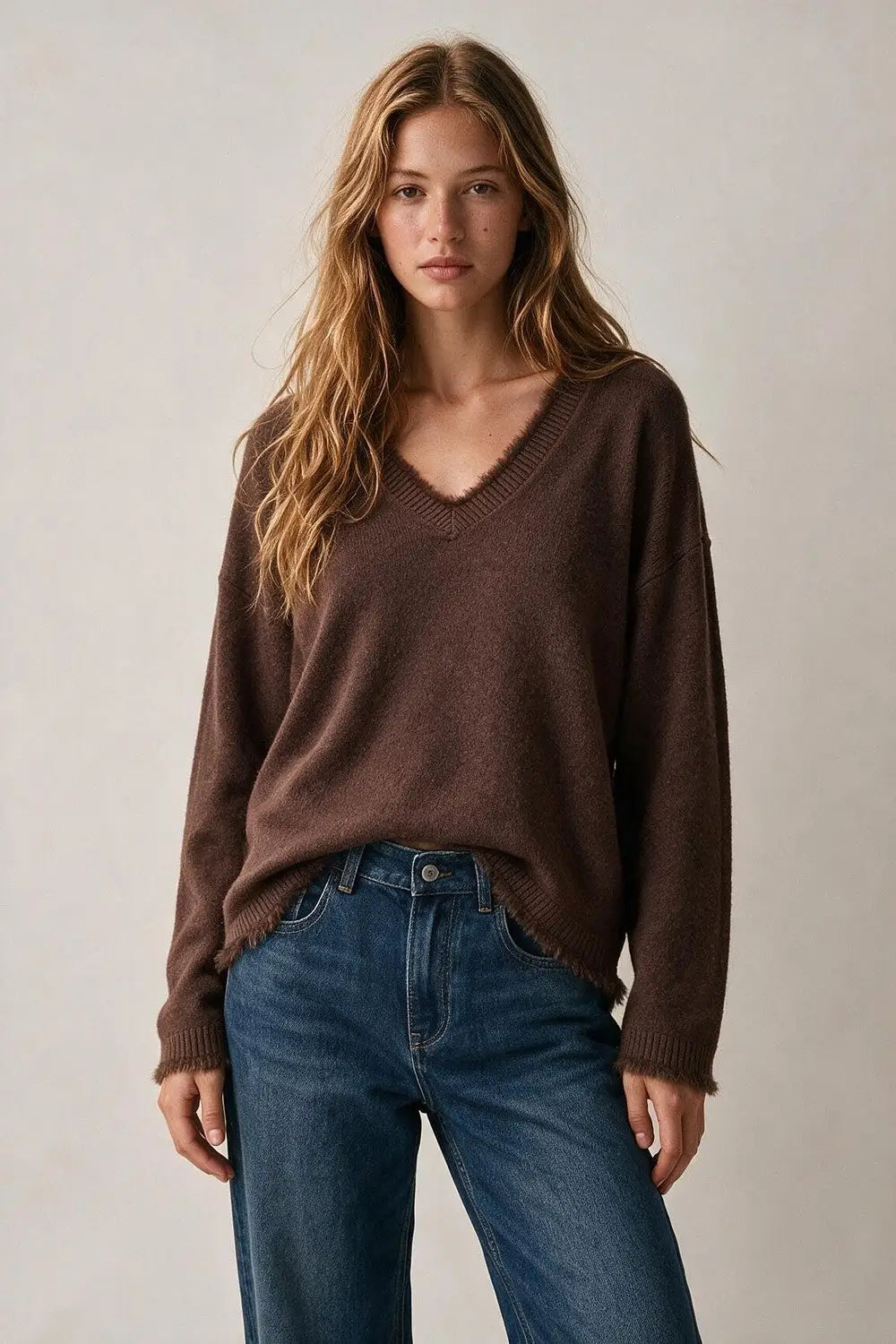 Brown V-Neck Sweater with Faux Fur Trim