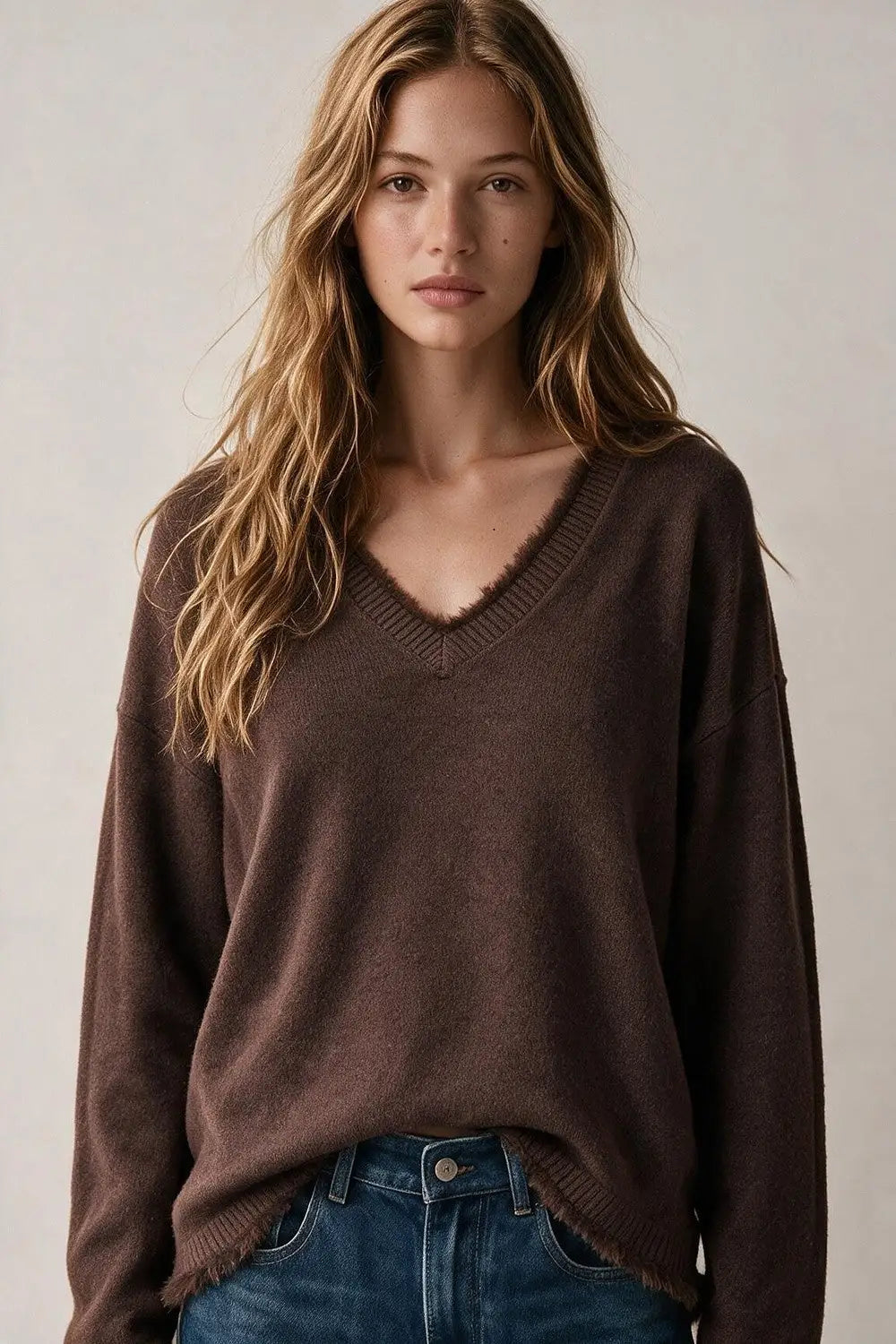 Brown V-Neck Sweater with Faux Fur Trim