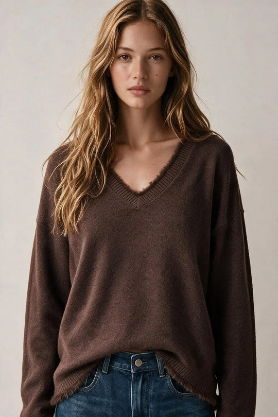 Brown V-Neck Sweater with Faux Fur Trim