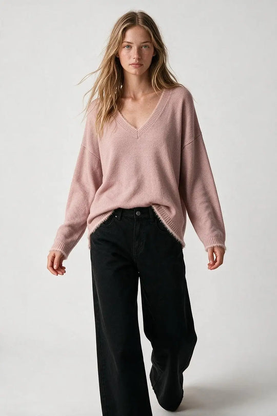 dusty pink V-Neck Sweater with Faux Fur Trim