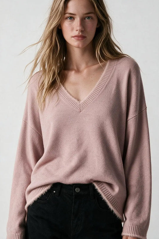 dusty pink V-Neck Sweater with Faux Fur Trim
