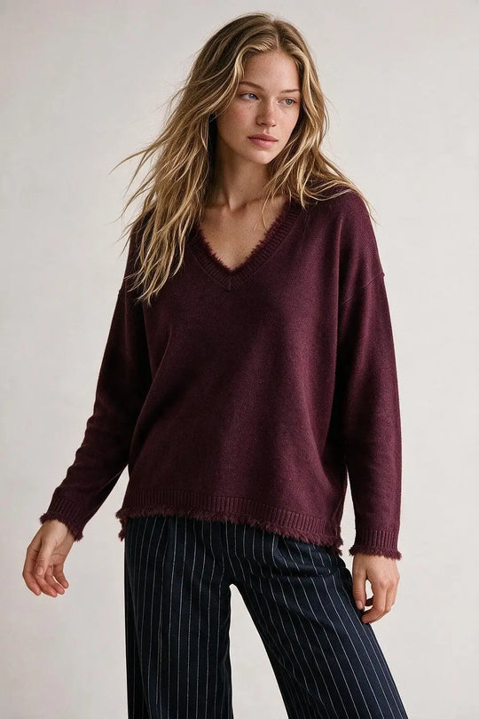 Purple V-Neck Sweater with Faux Fur Trim