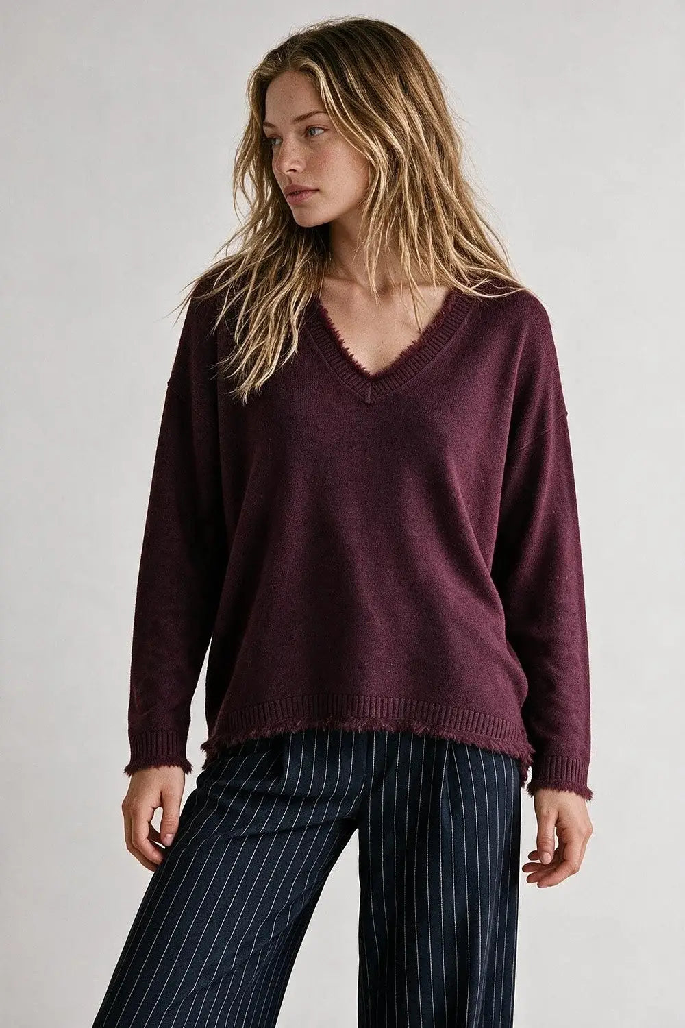 Purple V-Neck Sweater with Faux Fur Trim