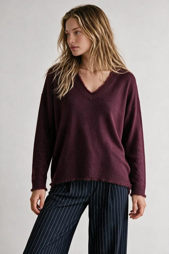 Purple V-Neck Sweater with Faux Fur Trim