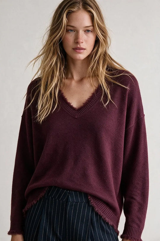 Purple V-Neck Sweater with Faux Fur Trim