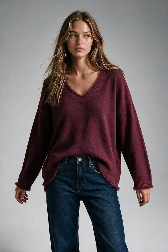 Burgundy V-Neck Sweater with Faux Fur Trim