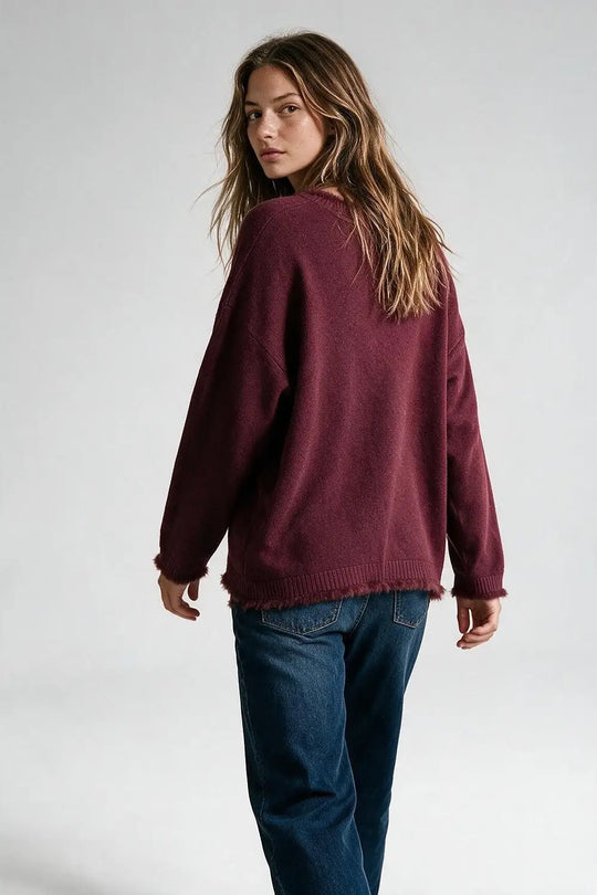 Burgundy V-Neck Sweater with Faux Fur Trim