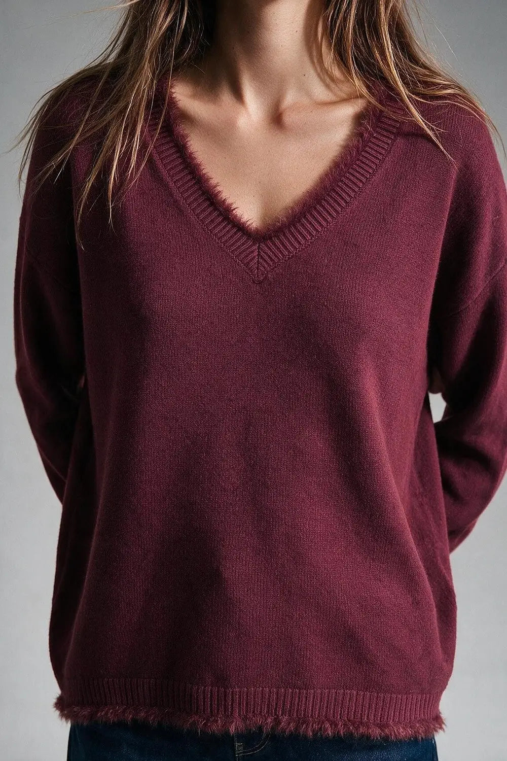 Burgundy V-Neck Sweater with Faux Fur Trim
