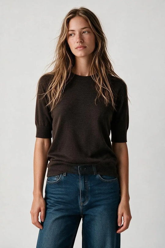 Brown Merino Wool Blend Fine Knit Crew Neck Short Sleeve Sweater