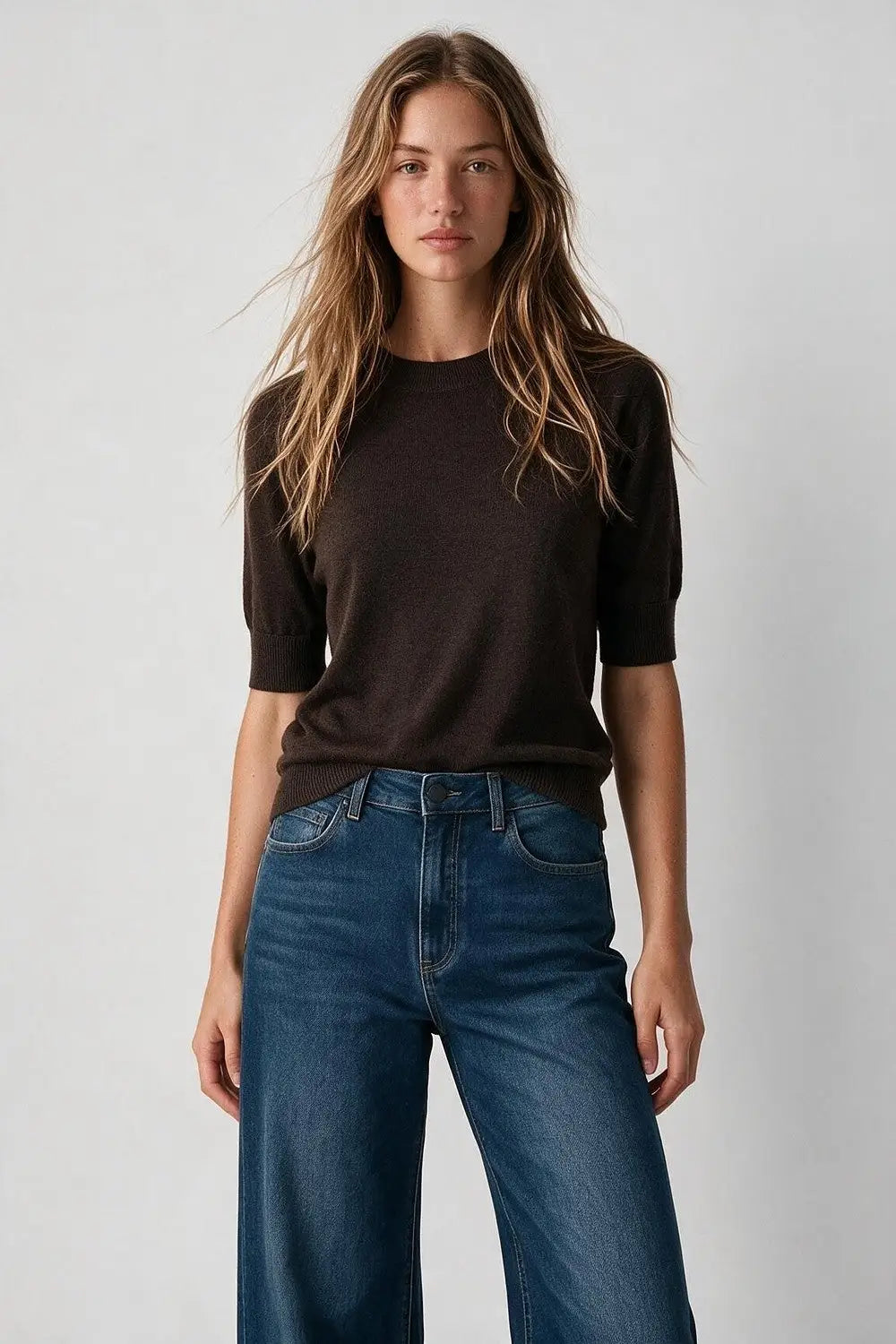 Brown Merino Wool Blend Fine Knit Crew Neck Short Sleeve Sweater