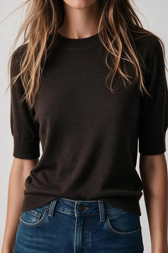 Brown Merino Wool Blend Fine Knit Crew Neck Short Sleeve Sweater
