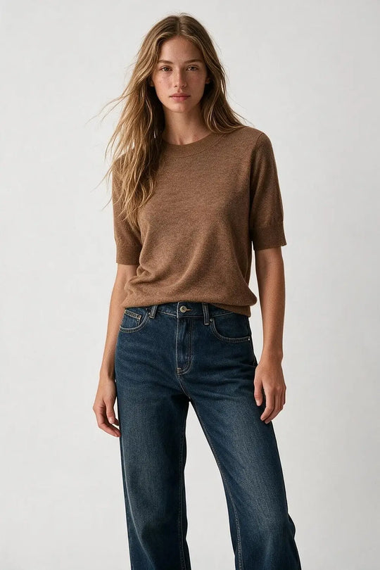 Camel Merino Wool Blend Fine Knit Crew Neck Short Sleeve Sweater