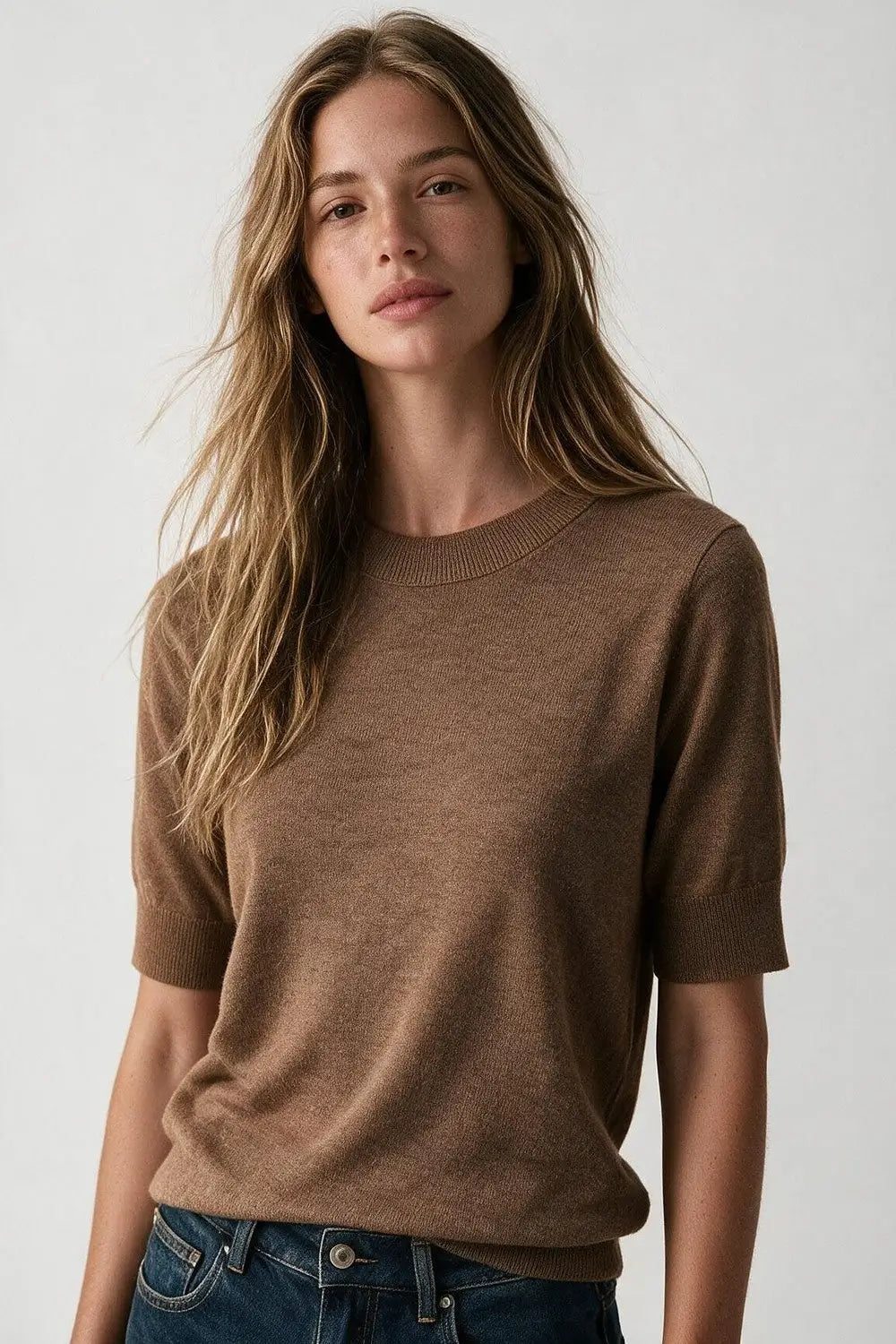 Camel Merino Wool Blend Fine Knit Crew Neck Short Sleeve Sweater
