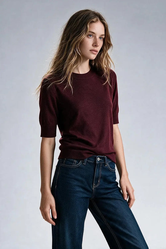 Wine Merino Wool Blend Fine Knit Ribbed Crew Neck Short Sleeves Sweater