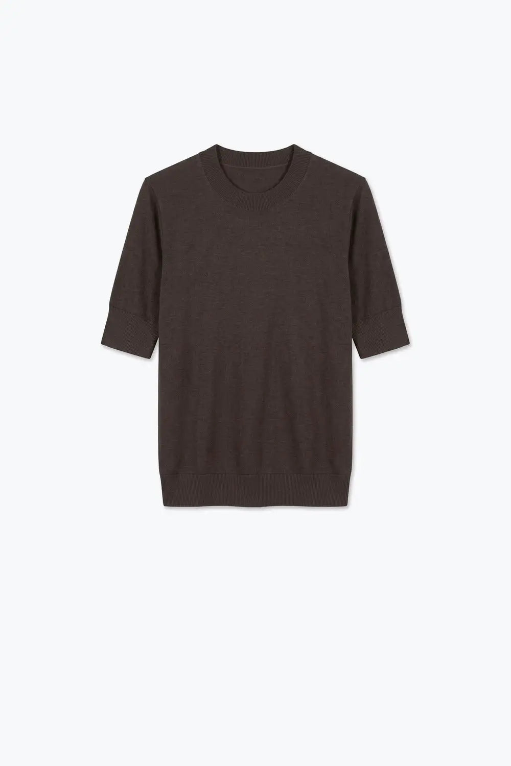 Brown Merino Wool Blend Fine Knit Crew Neck Short Sleeve Sweater
