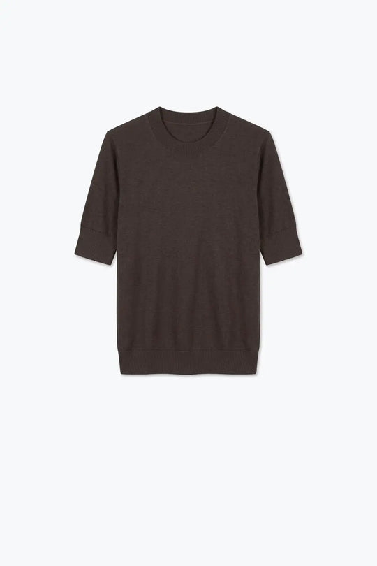 Brown Merino Wool Blend Fine Knit Crew Neck Short Sleeve Sweater