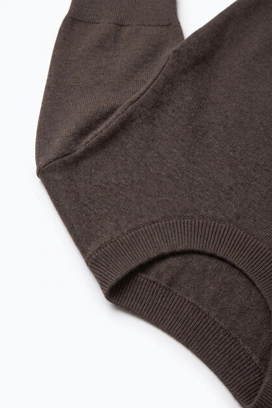 Brown Merino Wool Blend Fine Knit Crew Neck Short Sleeve Sweater