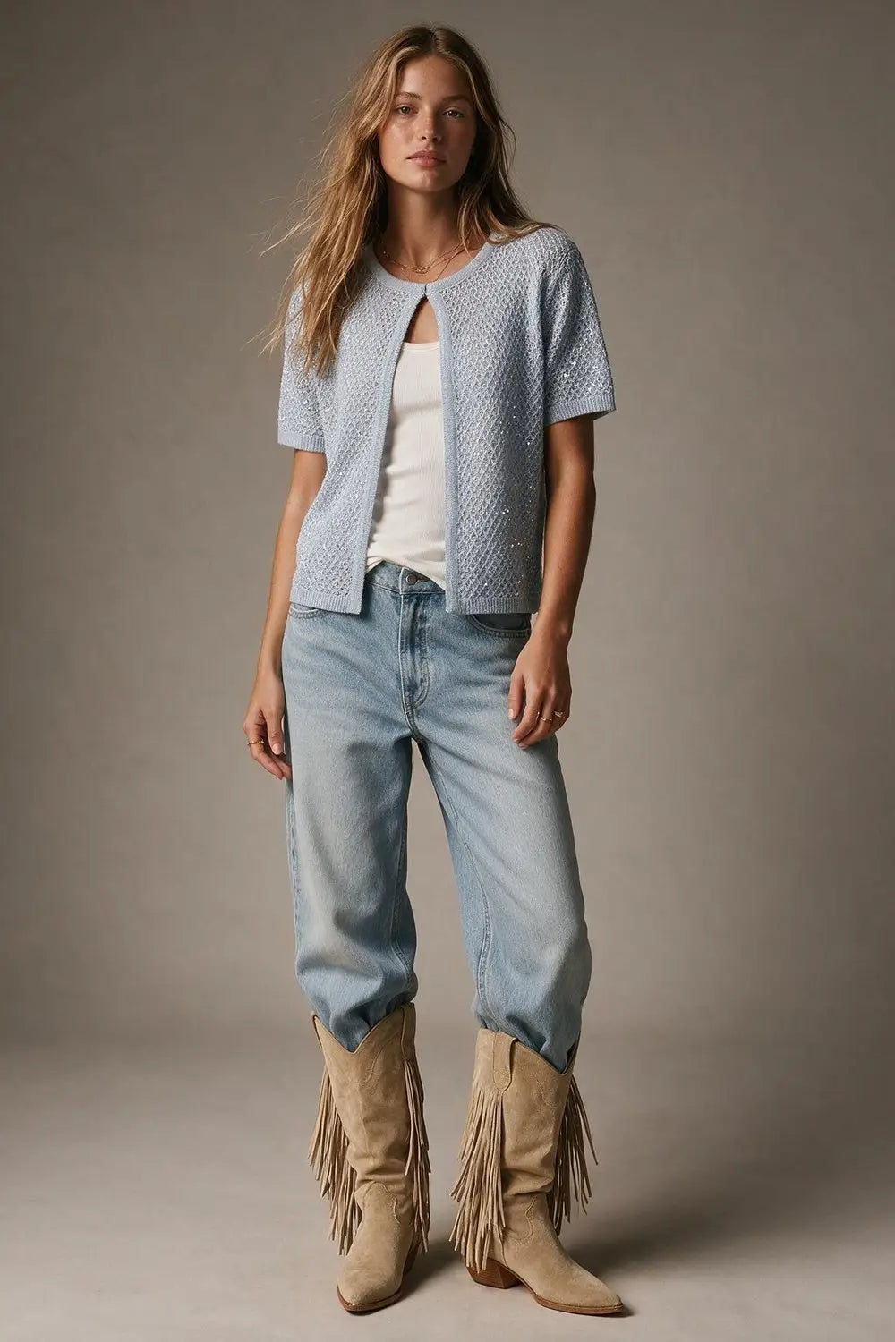 Light Blue Sequined Pointelle Short Sleeve Cardigan