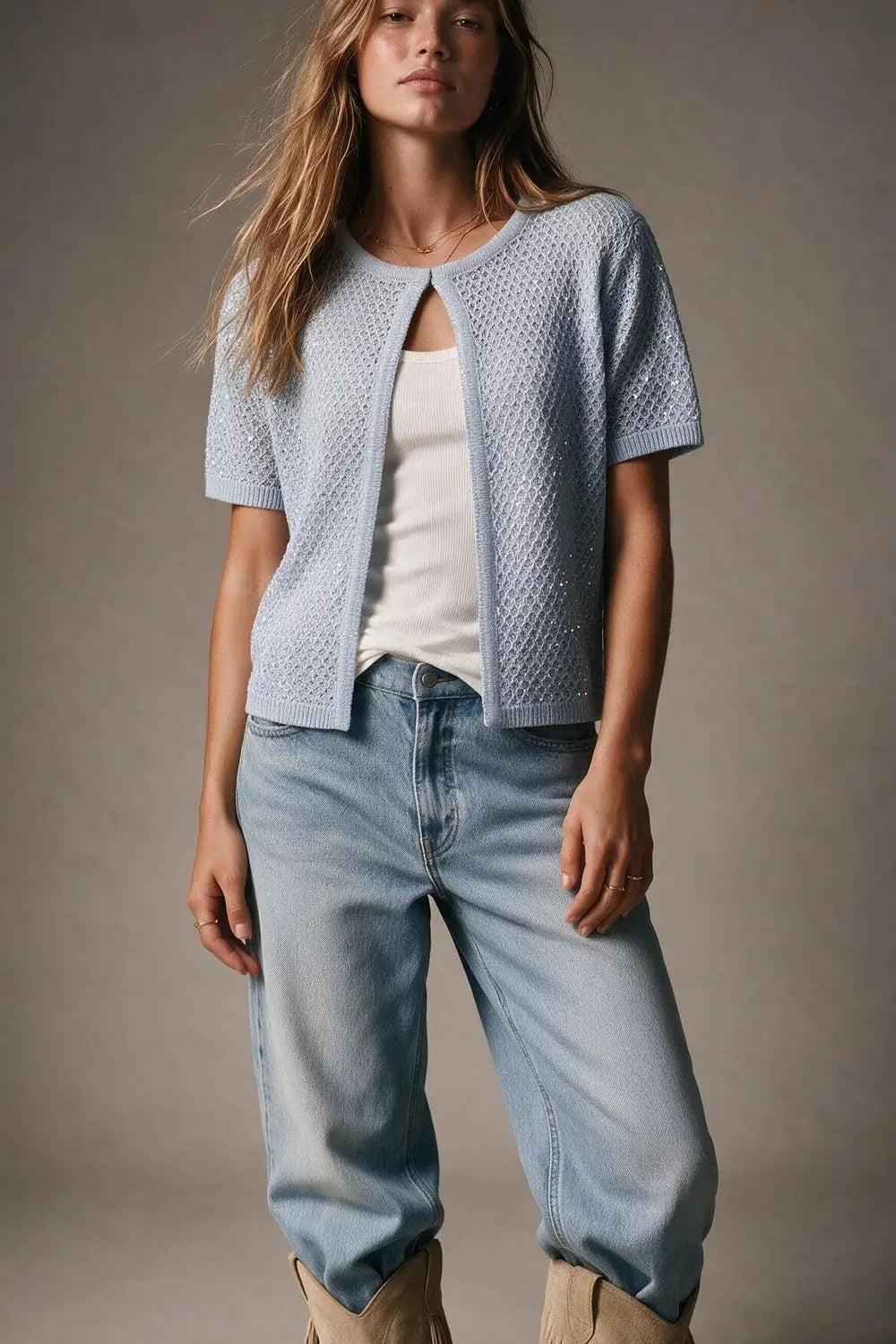 Light Blue Sequined Pointelle Short Sleeve Cardigan