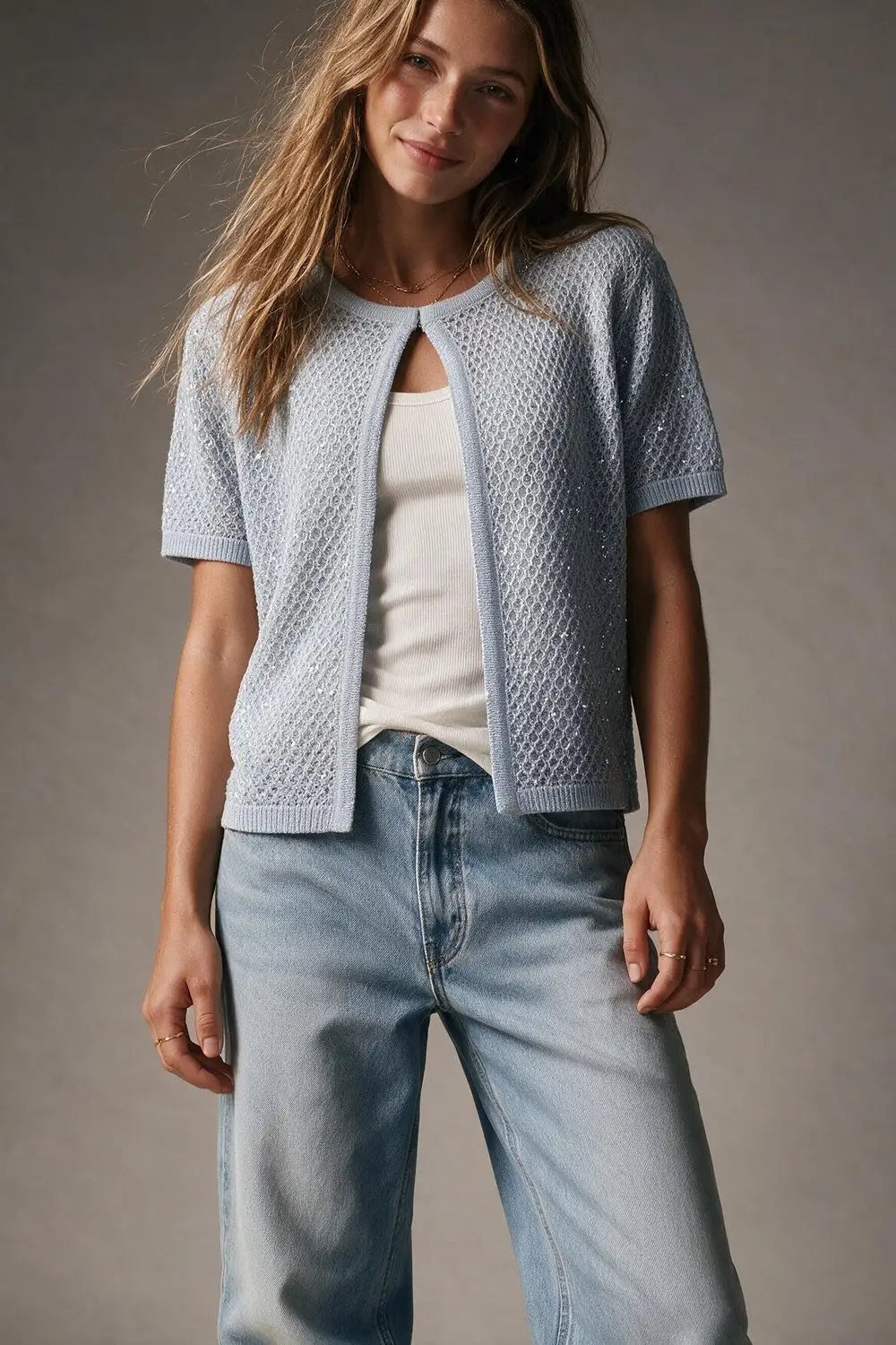 Light Blue Sequined Pointelle Short Sleeve Cardigan