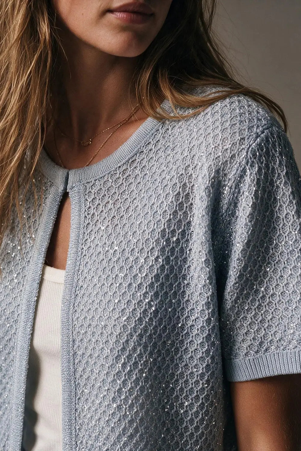 Light Blue Sequined Pointelle Short Sleeve Cardigan